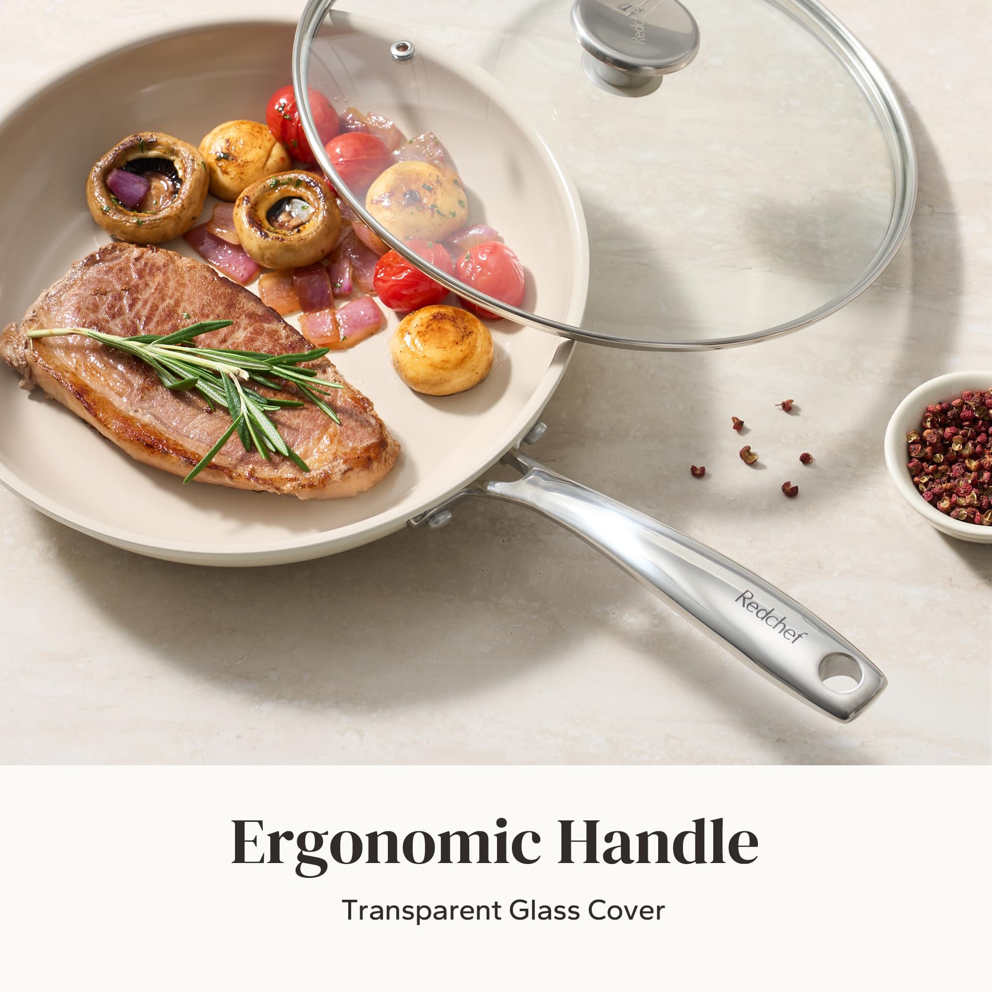 Redchef stay-cool handle on beige pan for safe transfers