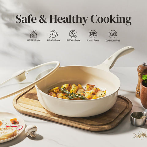 Redchef ceramic nonstick coating close-up, promotes low-oil cooking and effortless food release.