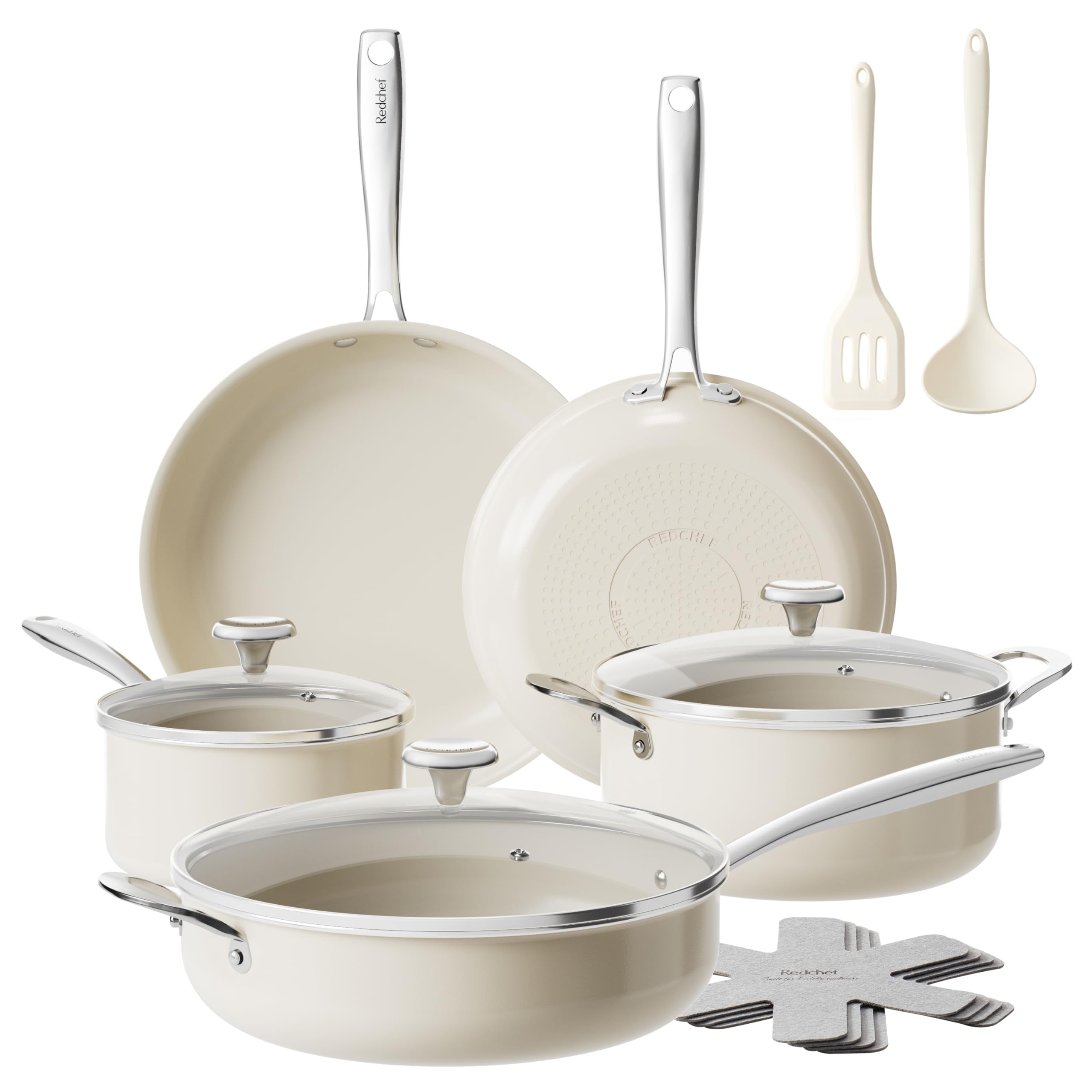 Redchef ceramic nonstick 14pc set overview showing safe, even heating