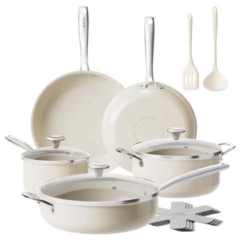 Redchef ceramic nonstick 14pc set overview showing safe, even heating
