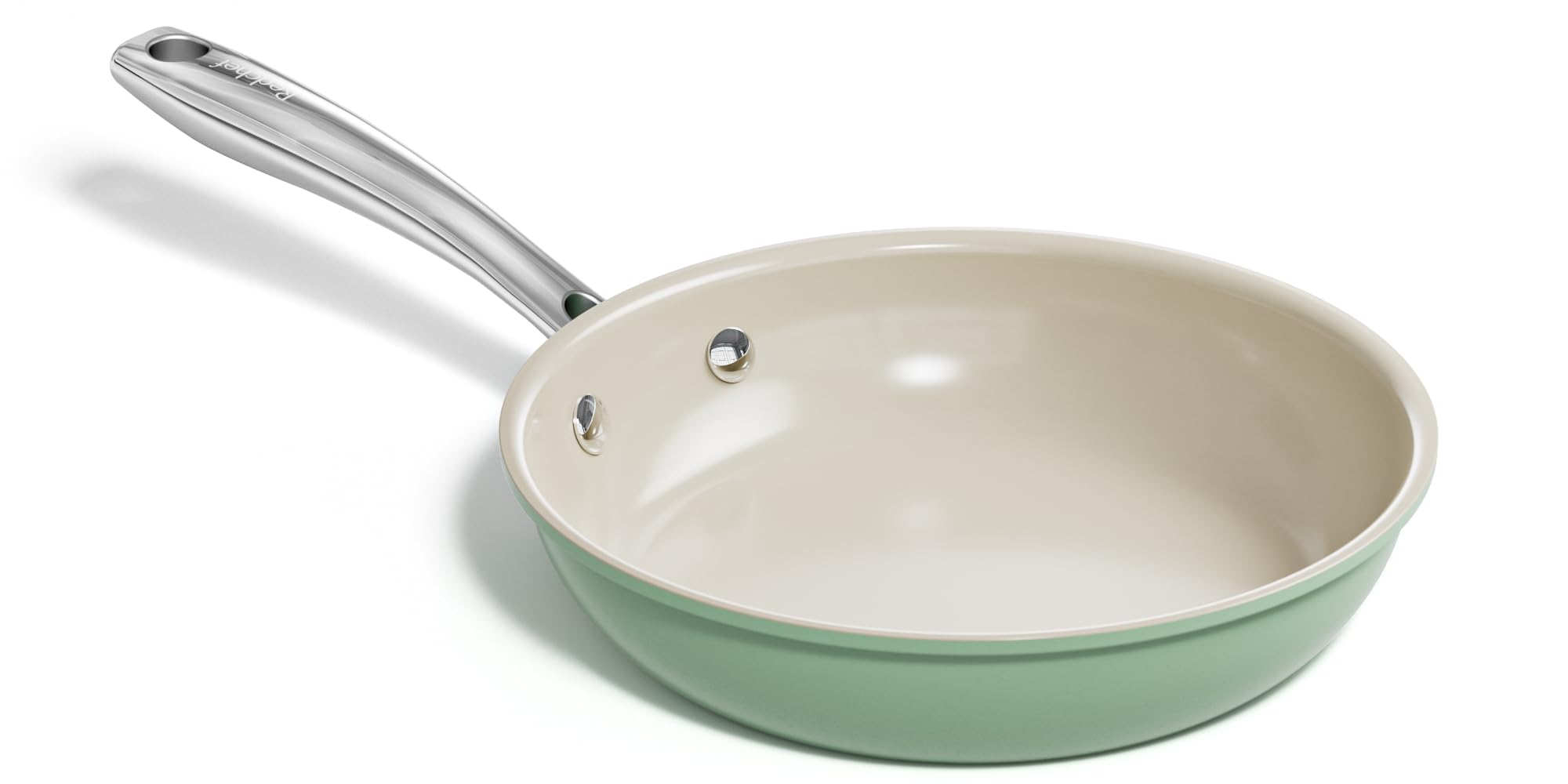 Redchef ceramic non-stick egg pan in green, overall view shows even heat potential