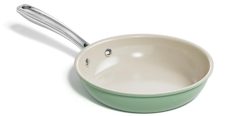 Redchef ceramic non-stick egg pan in green, overall view shows even heat potential
