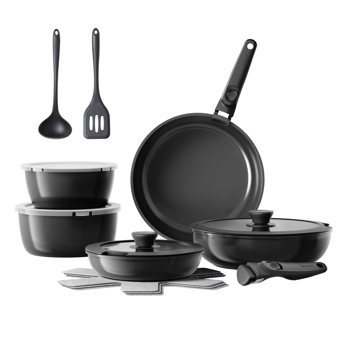 Redchef ceramic pots and pans set in a hero shot, for durable nonstick cooking.