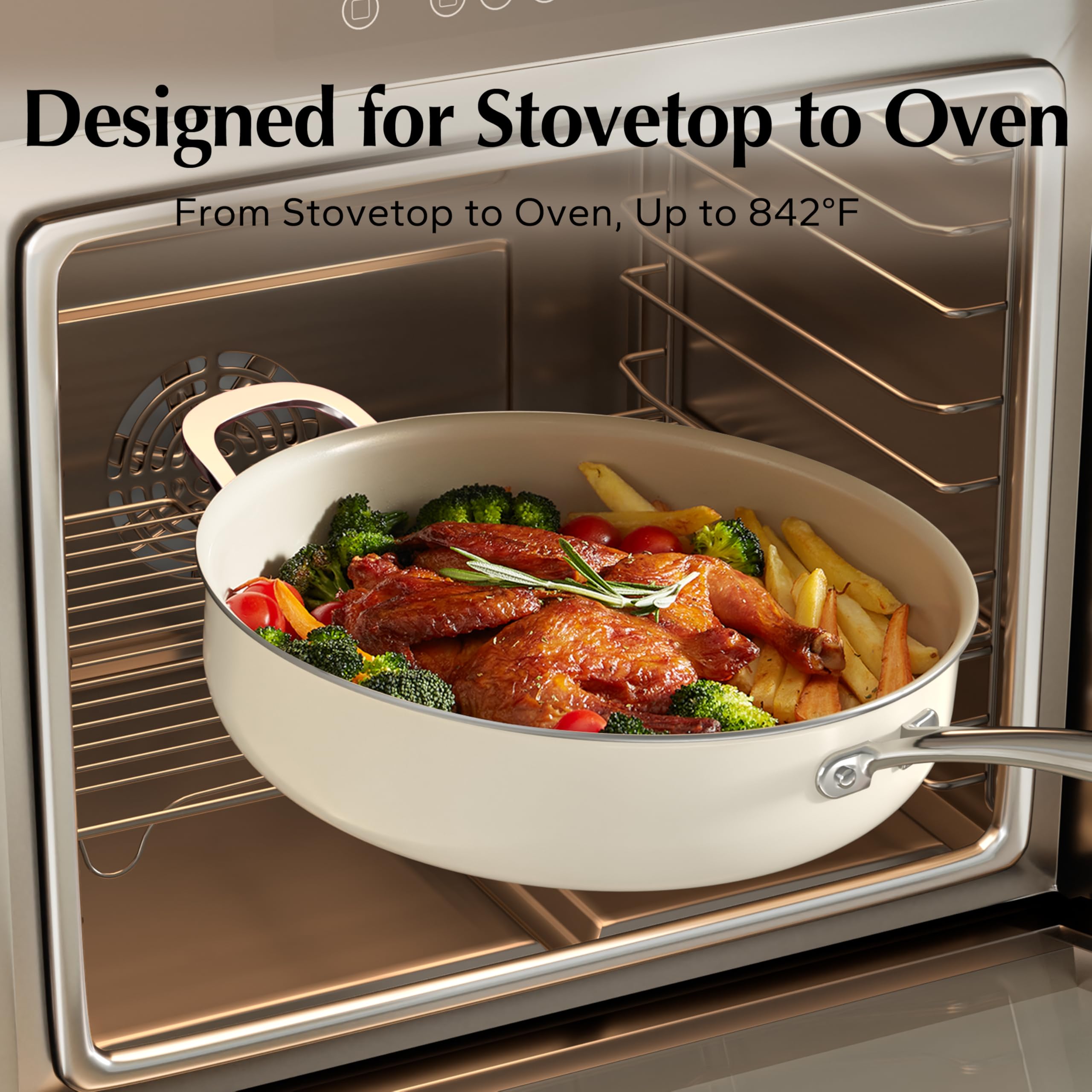 Redchef ceramic pan with lid off highlights easy food release from nonstick interior.