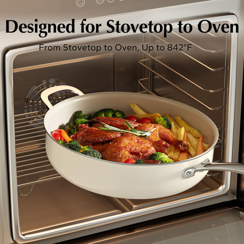 Redchef ceramic pan with lid off highlights easy food release from nonstick interior.