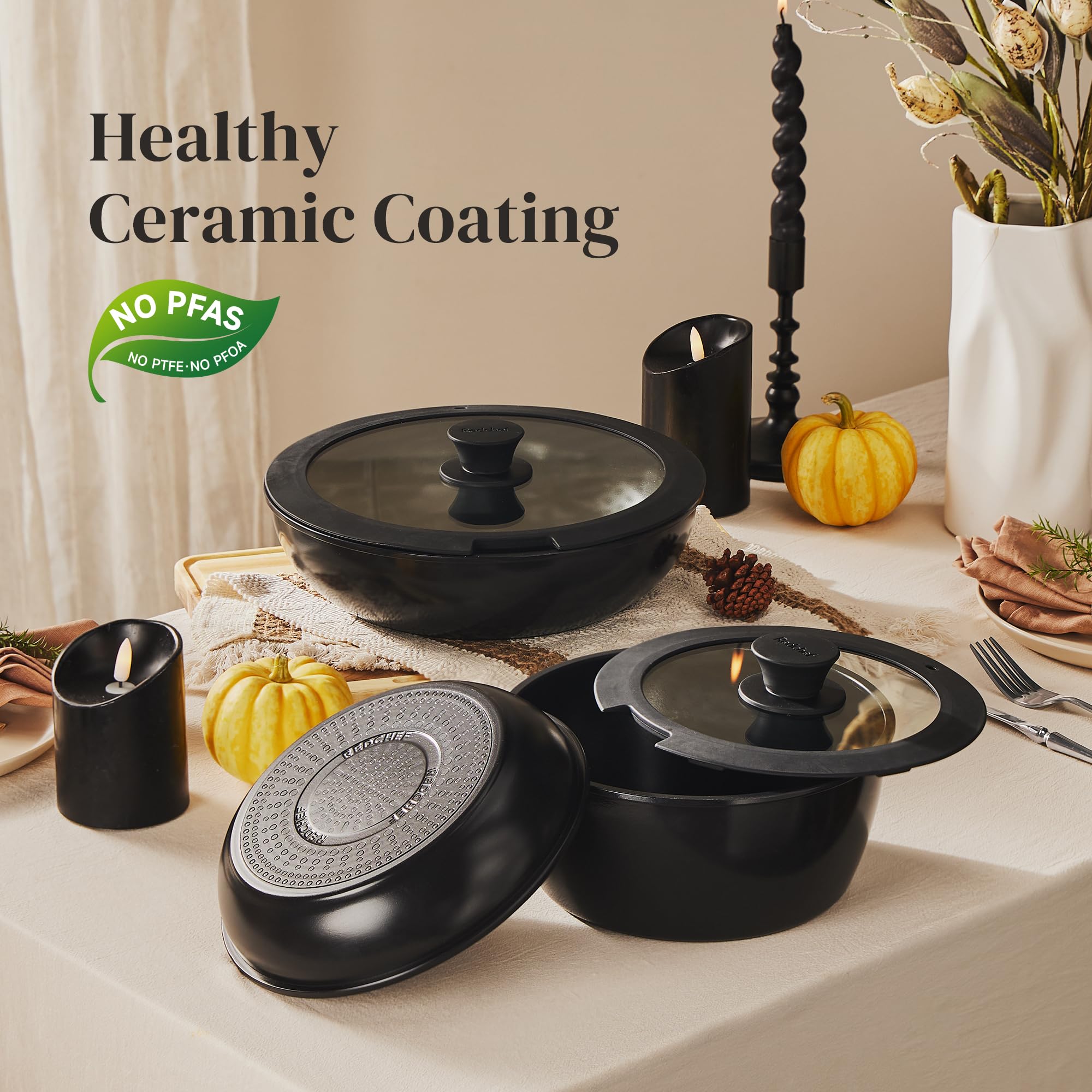 Close-up of Redchef detachable handle on cookware for versatile transitions.