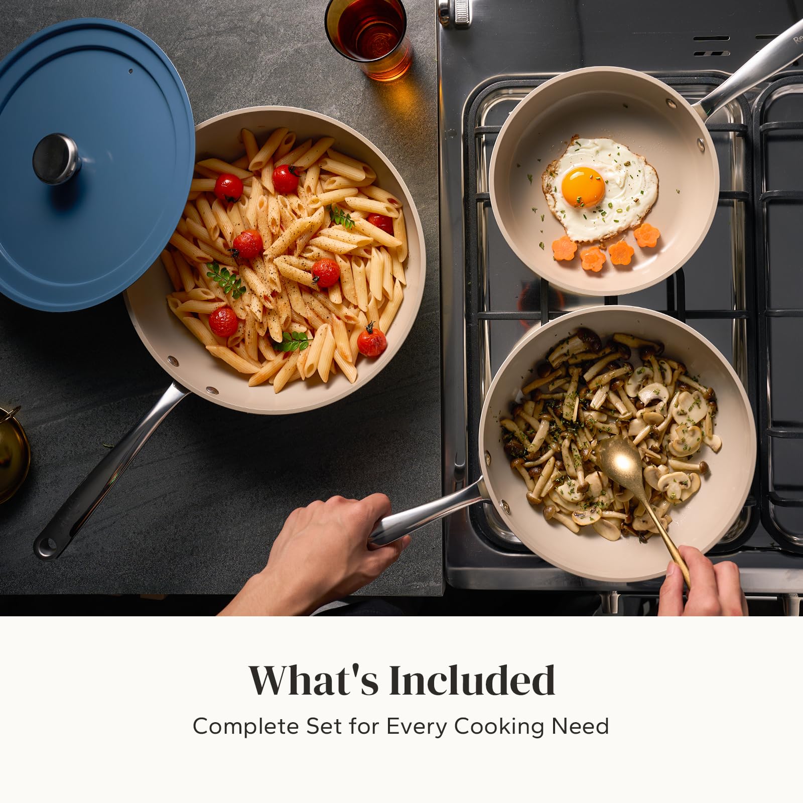 Redchef blue pans highlighted as dishwasher-safe for quick cleanup after meals.