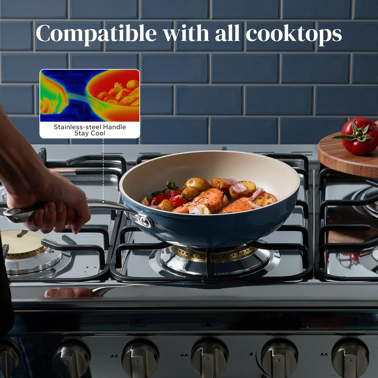 Redchef blue pan features ergonomic stainless-steel handle for a comfortable grip.