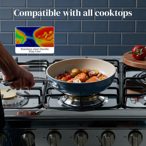 Redchef blue pan features ergonomic stainless-steel handle for a comfortable grip.