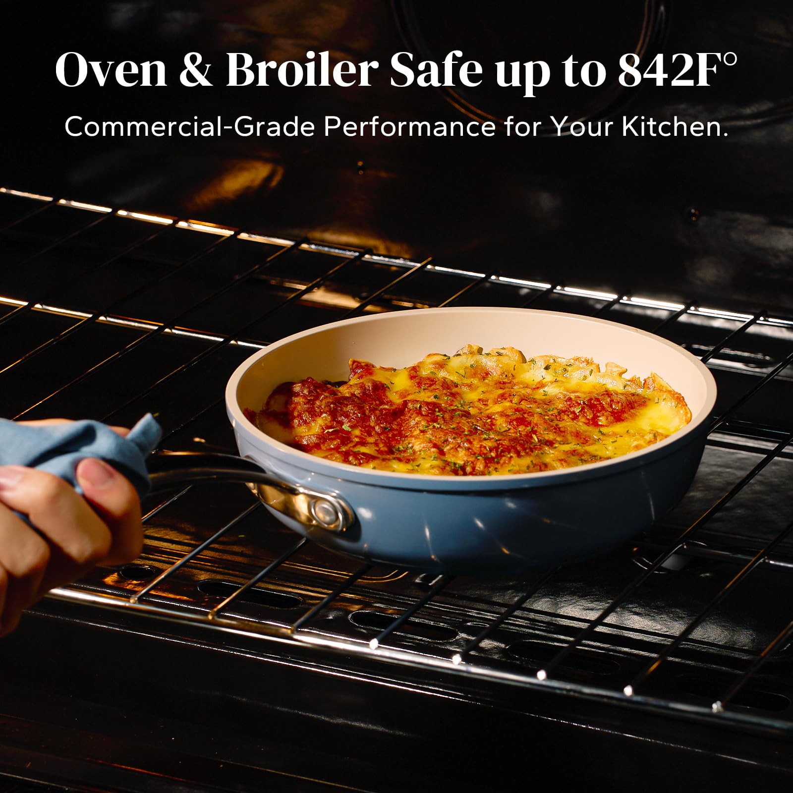Redchef blue pan base highlighting even heat distribution for uniform cooking.