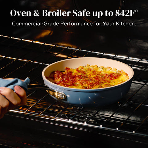 Redchef blue pan base highlighting even heat distribution for uniform cooking.