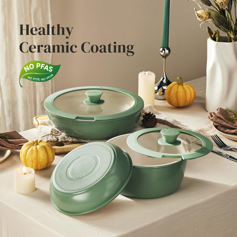 Redchef cookware open-pot arrangement highlighted for oven-safe up to 842 degrees