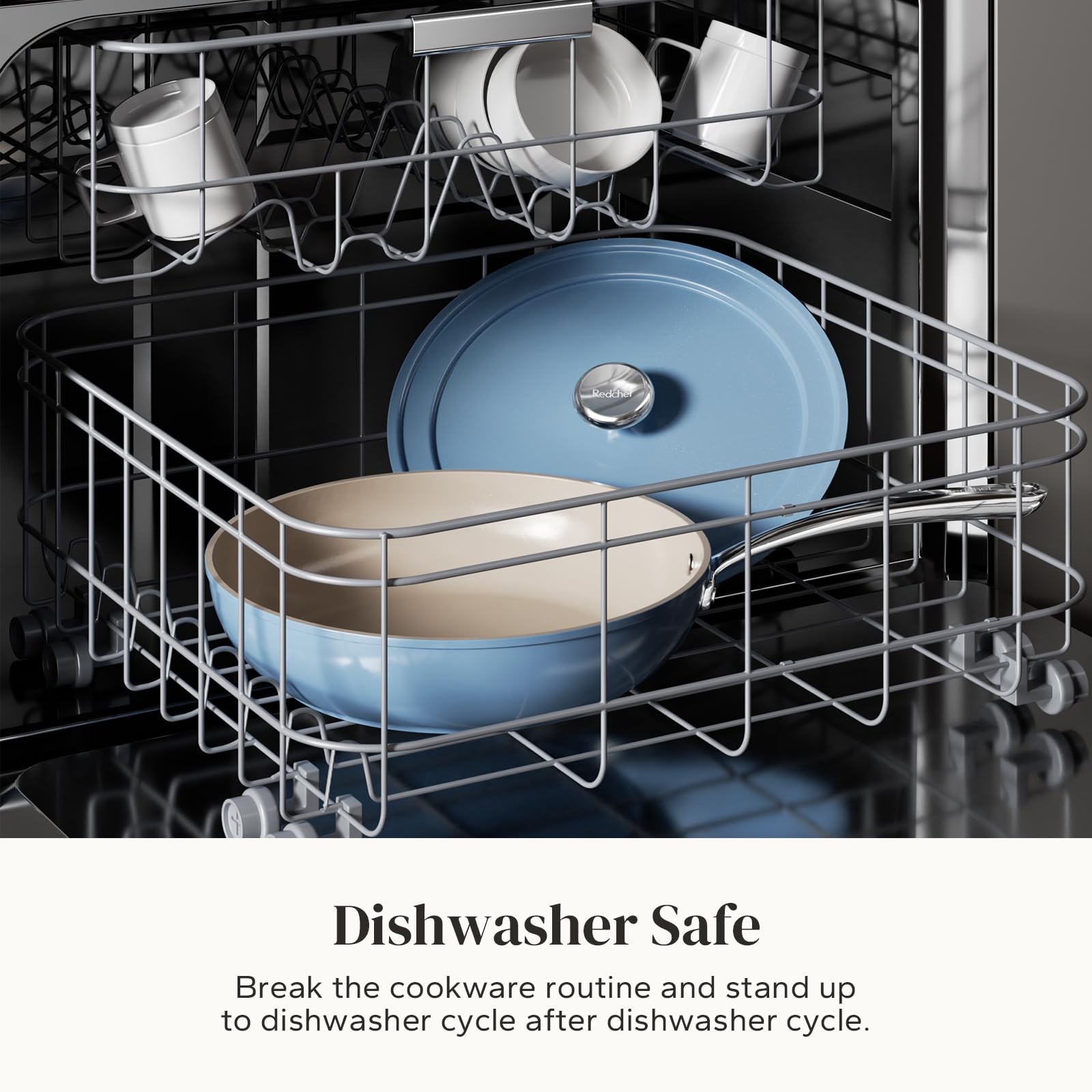 Redchef blue pan shown in oven-ready setup up to 842°F for high-heat finishing.