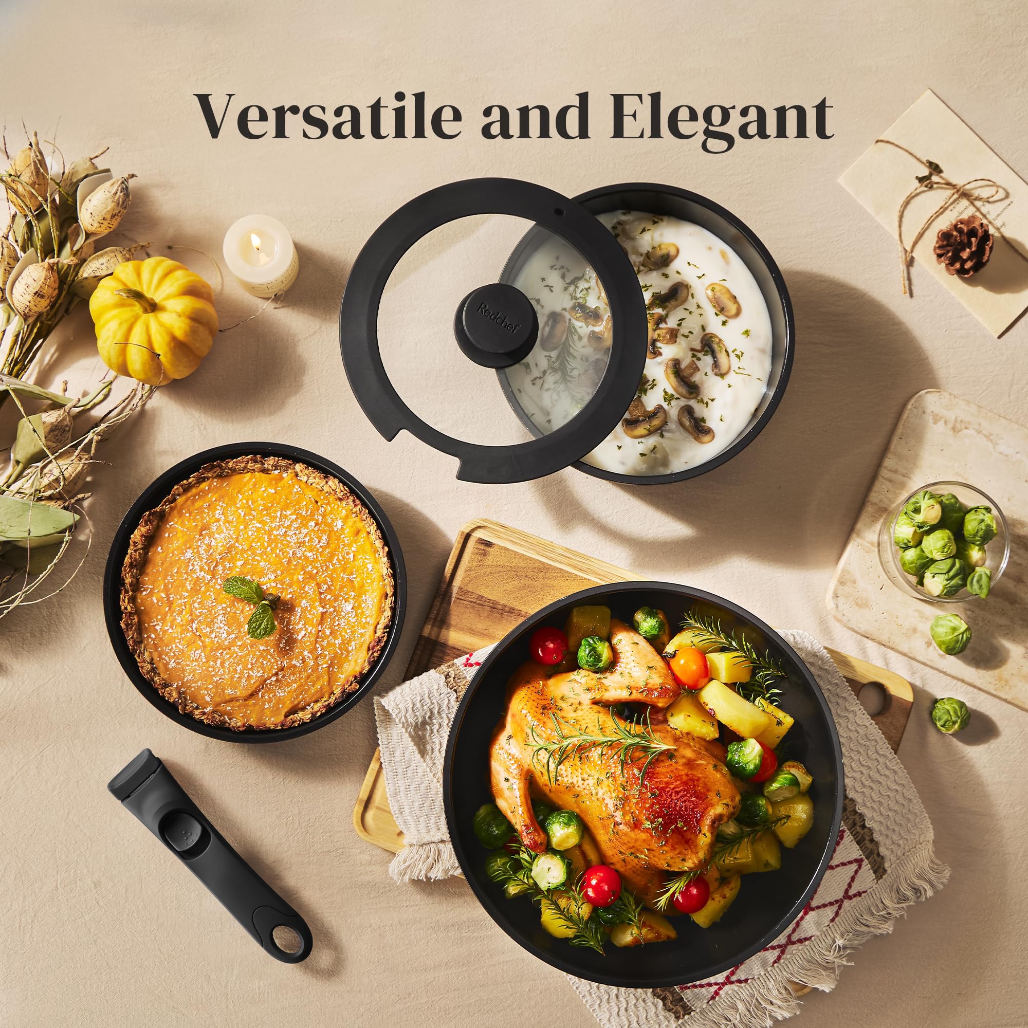 Redchef oven-safe coating close-up highlighting heat resistance up to 842 degrees.