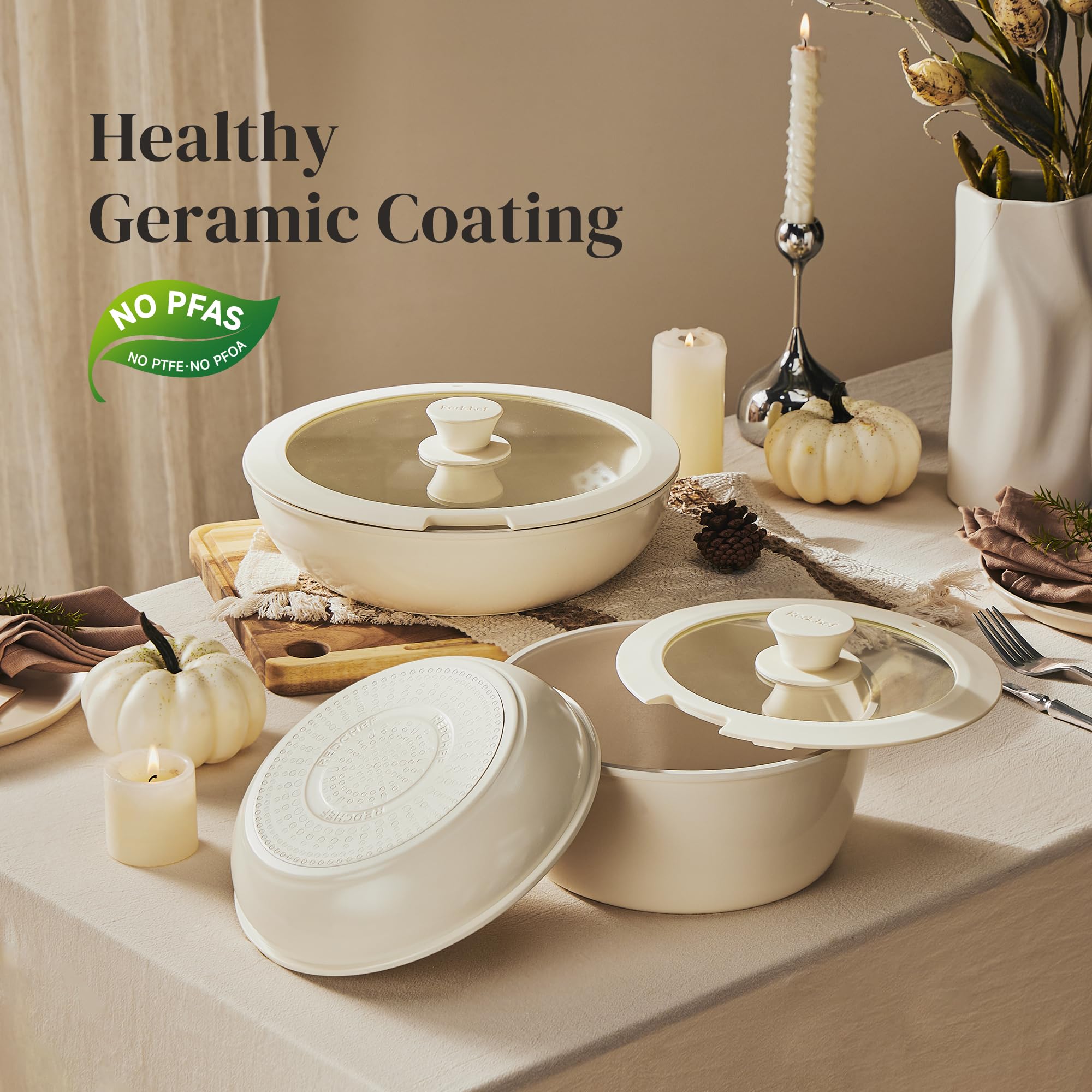 Redchef oven-safe ceramic pots and pans withstand high heat for flexible recipes.