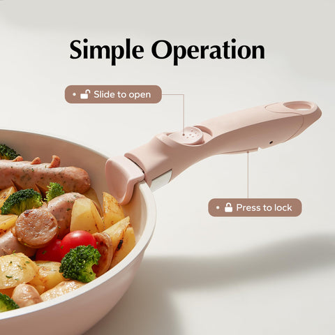 Redchef removable handle attached to cookware enables quick stove-to-oven transitions.
