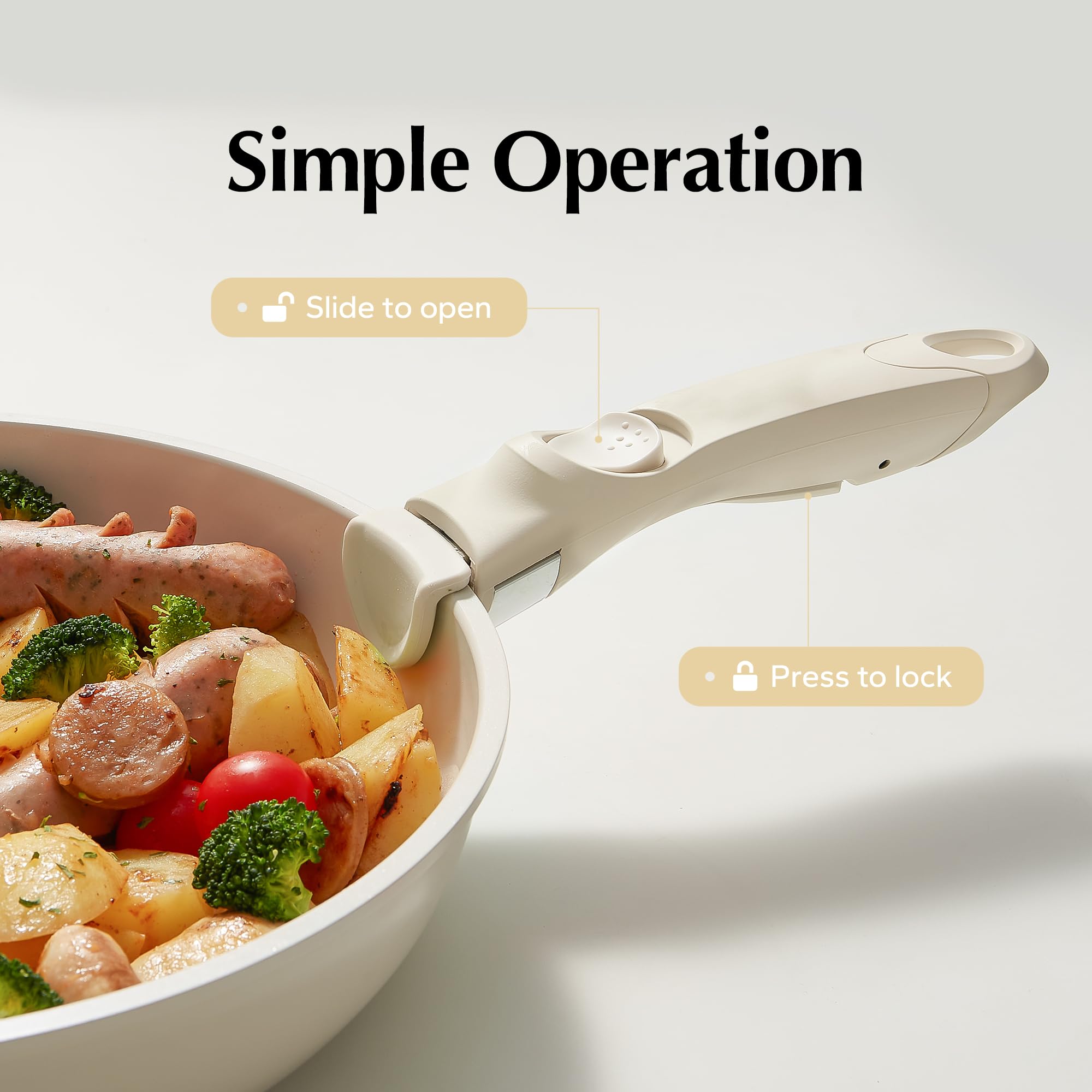 Redchef white detachable handle shows attachment-fit for universal cookware compatibility.