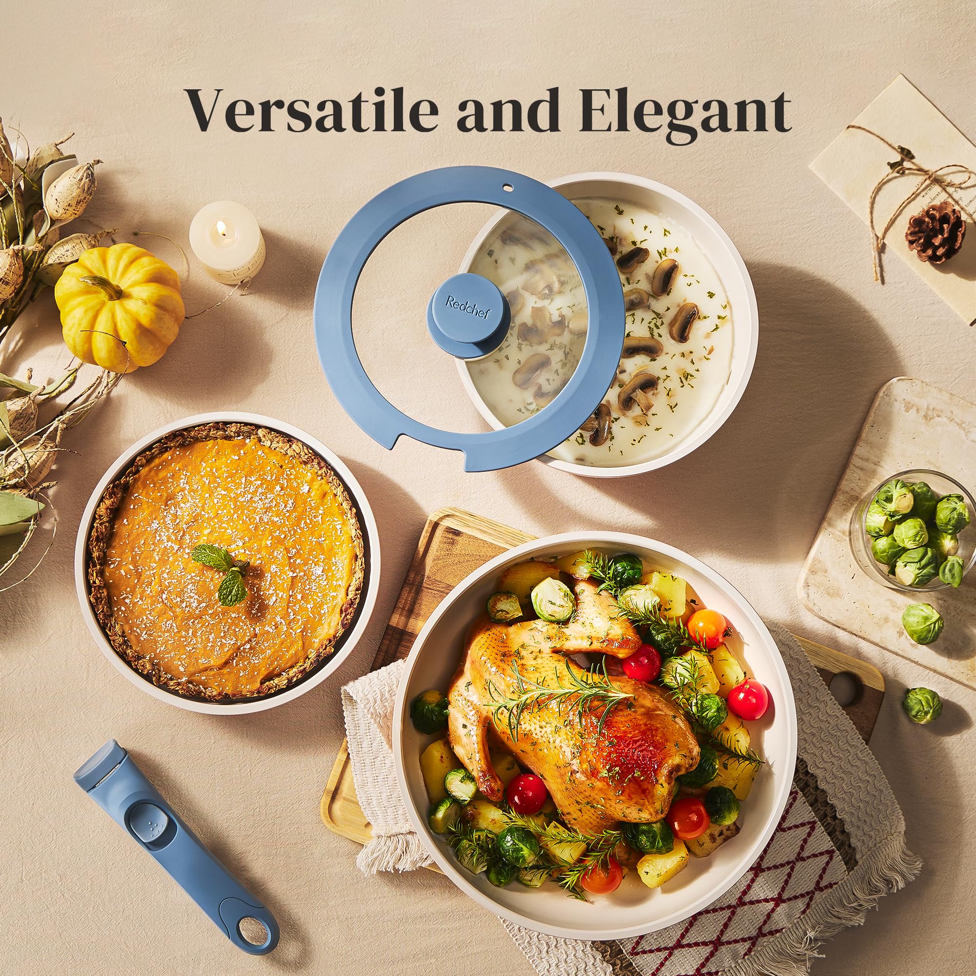 Redchef removable-handle design enables versatile cooking from stove to oven.