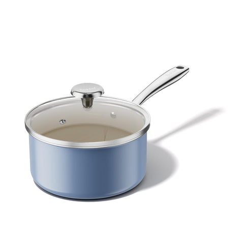 Redchef blue sauce pan with lid for easy simmering and moisture retention.