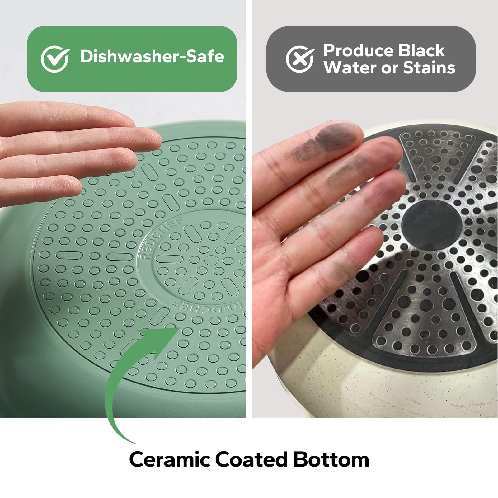 Redchef stay-cool handle keeps grip comfortable during sautéing on any stove.