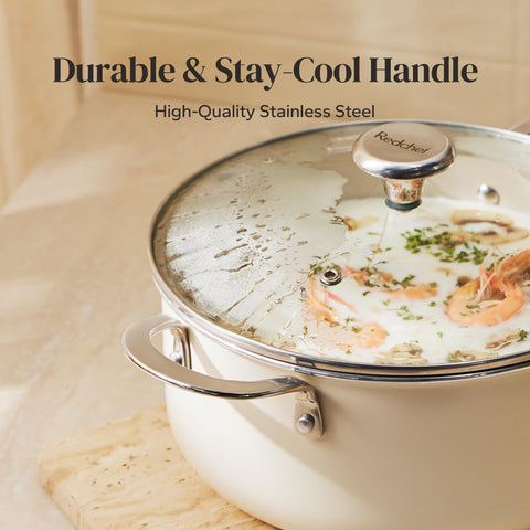 Redchef stock pot handle closeup highlighting ergonomic grip