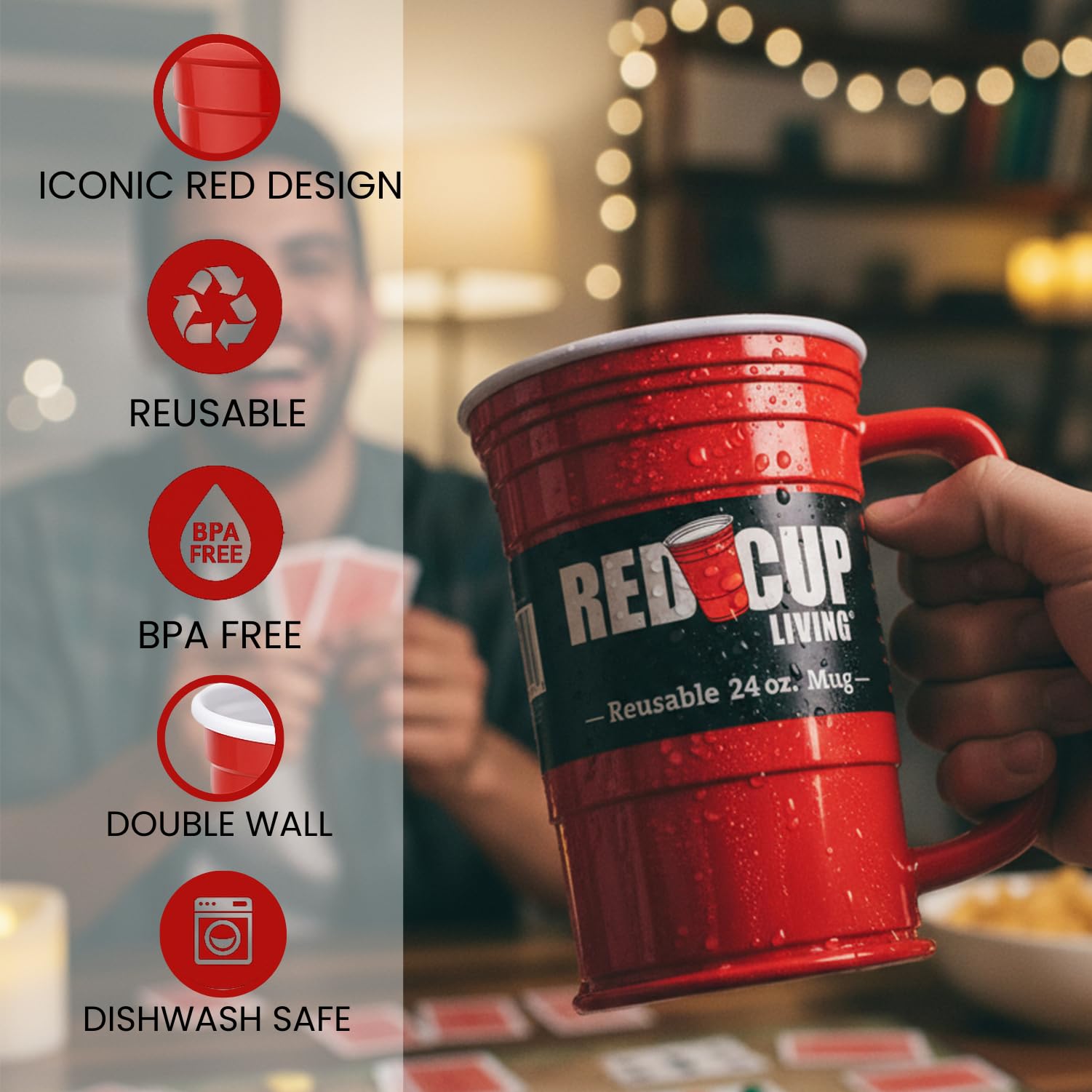 Red Cup Living ergonomic big handle for comfortable grip.