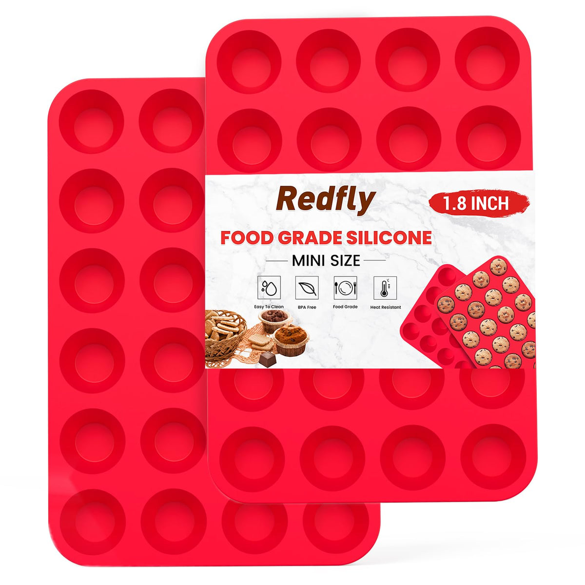 Redfly 24-cup silicone mini muffin pan with easy-release muffins.