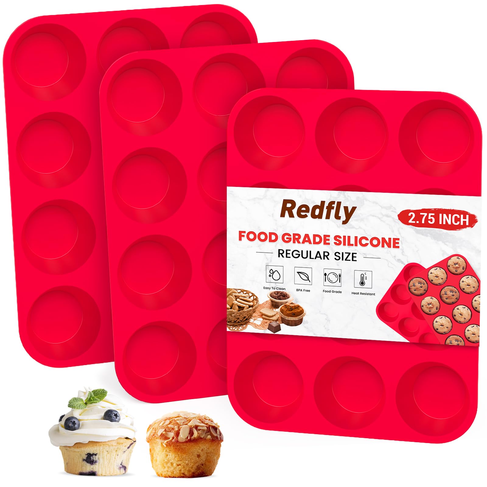 Redfly 3-pack silicone muffin pan 12-cup set for even baking and easy release