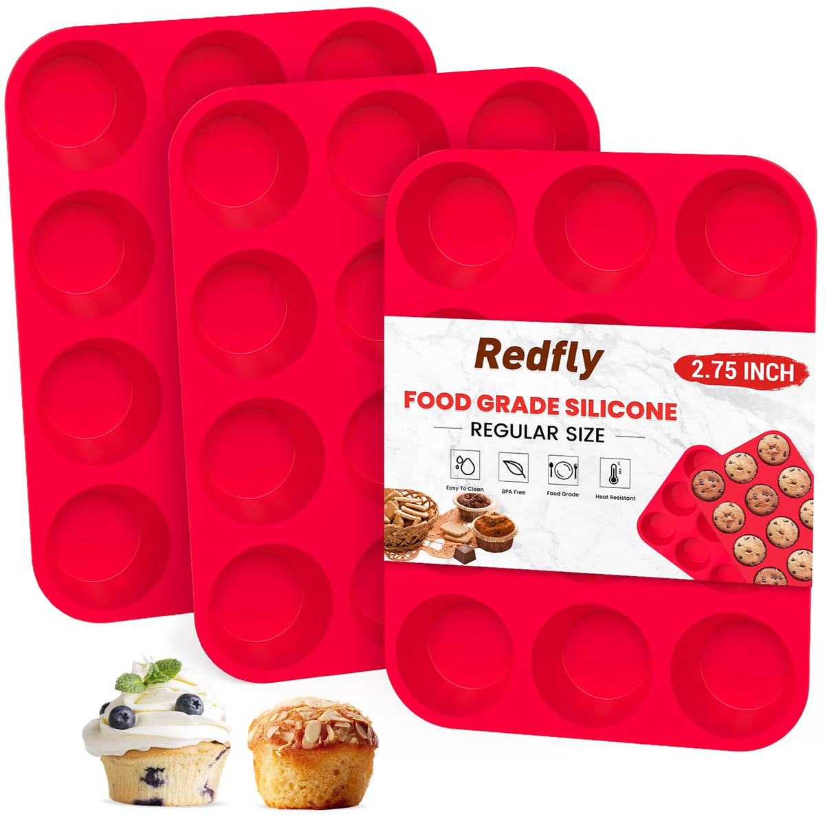 Redfly 3-pack silicone muffin pan 12-cup set for even baking and easy release