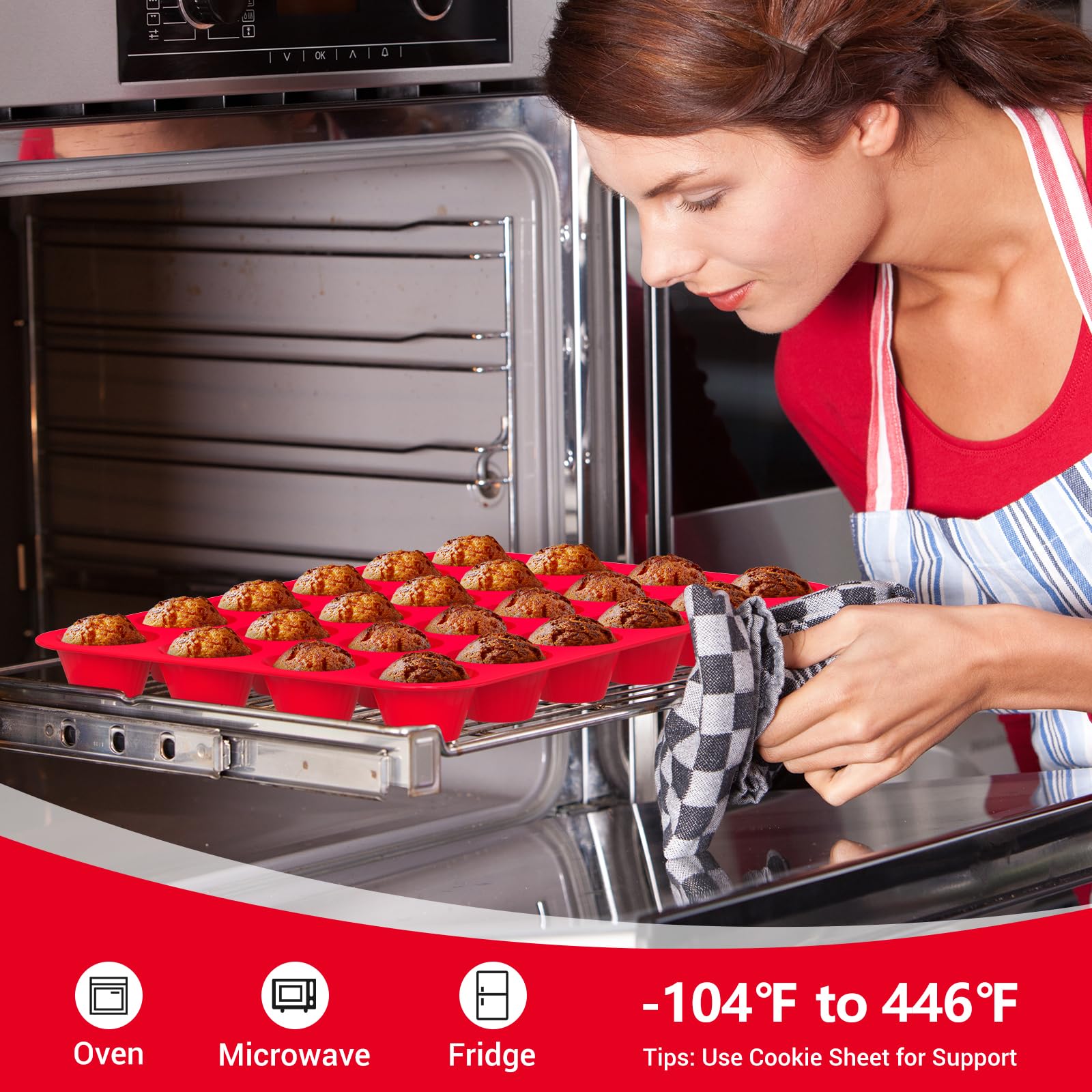 Redfly oven-safe muffin pan works in oven, microwave, and freezer.