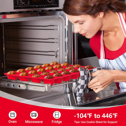 Redfly oven-safe muffin pan works in oven, microwave, and freezer.