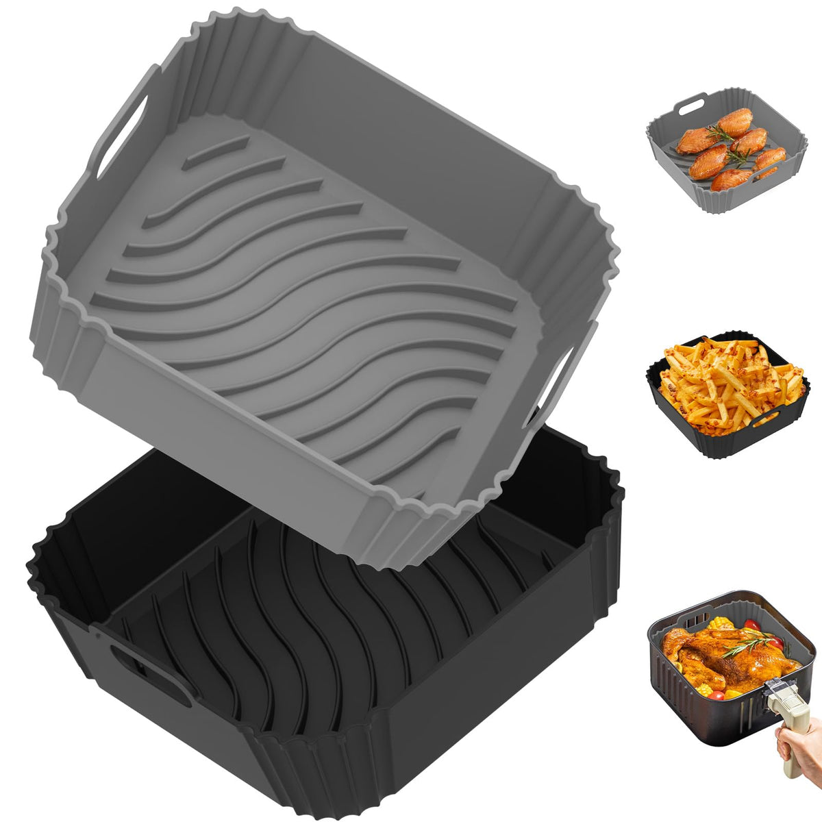 Redfly silicone air fryer liner square fits 8x9 inch baskets for easy grease protection.