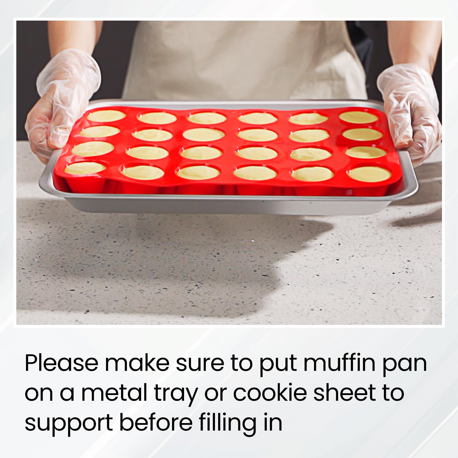 Redfly two-pack muffin pan on baking sheet for stable baking.