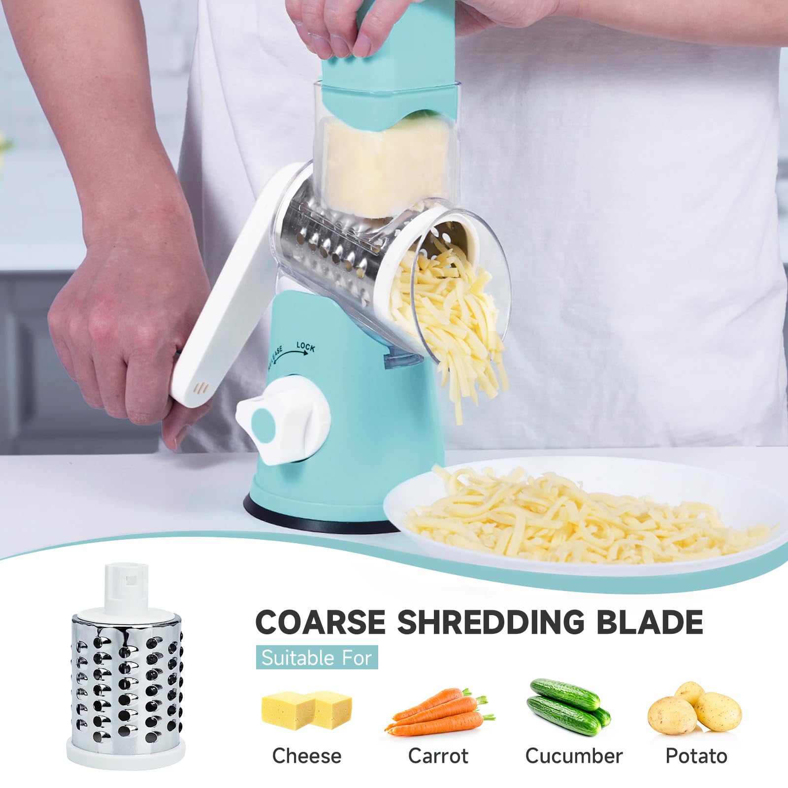 REDPANT Rotary Cheese Grater with interchangeable blades ready to slice veggies