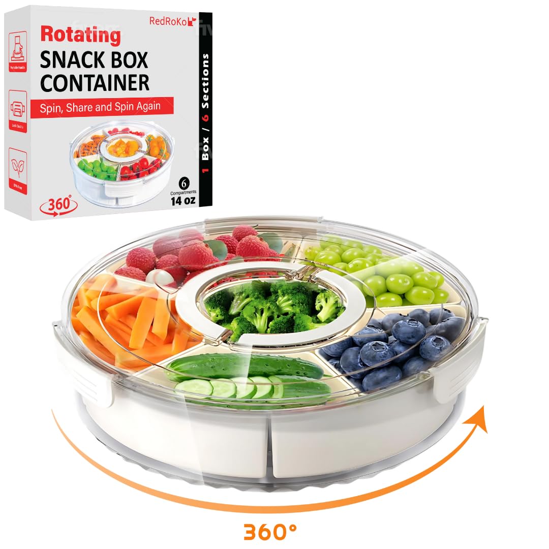 RedRoko rotating snack box container with lid on, keeps snacks fresh and contained.