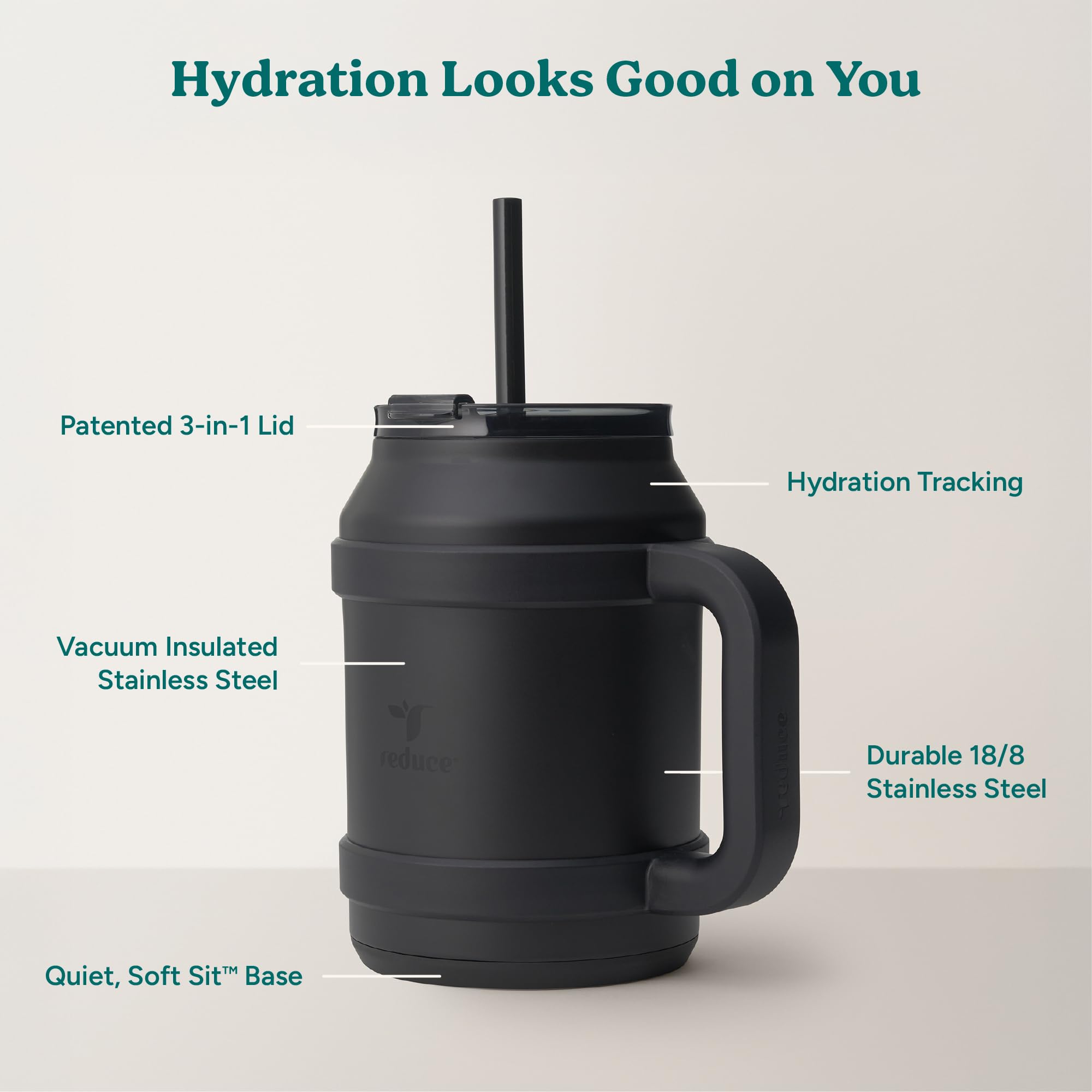 REDUCE 50 oz Cold1 tumbler BPA-free stainless steel construction highlights durability.