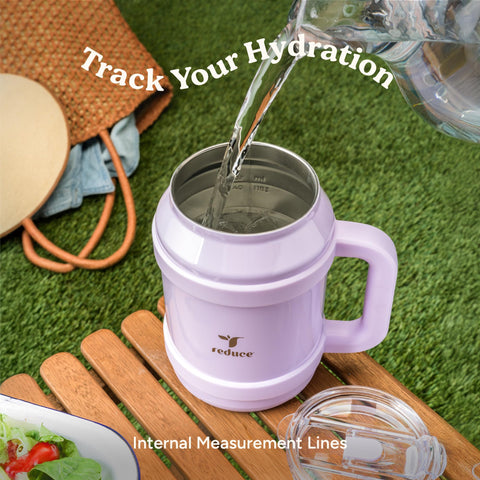 REDUCE sangria-colored tumbler adds color to workouts, office, or home use.