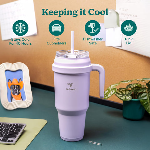 REDUCE 50 oz tumbler sip-it-your-way lid demonstrating three sipping options