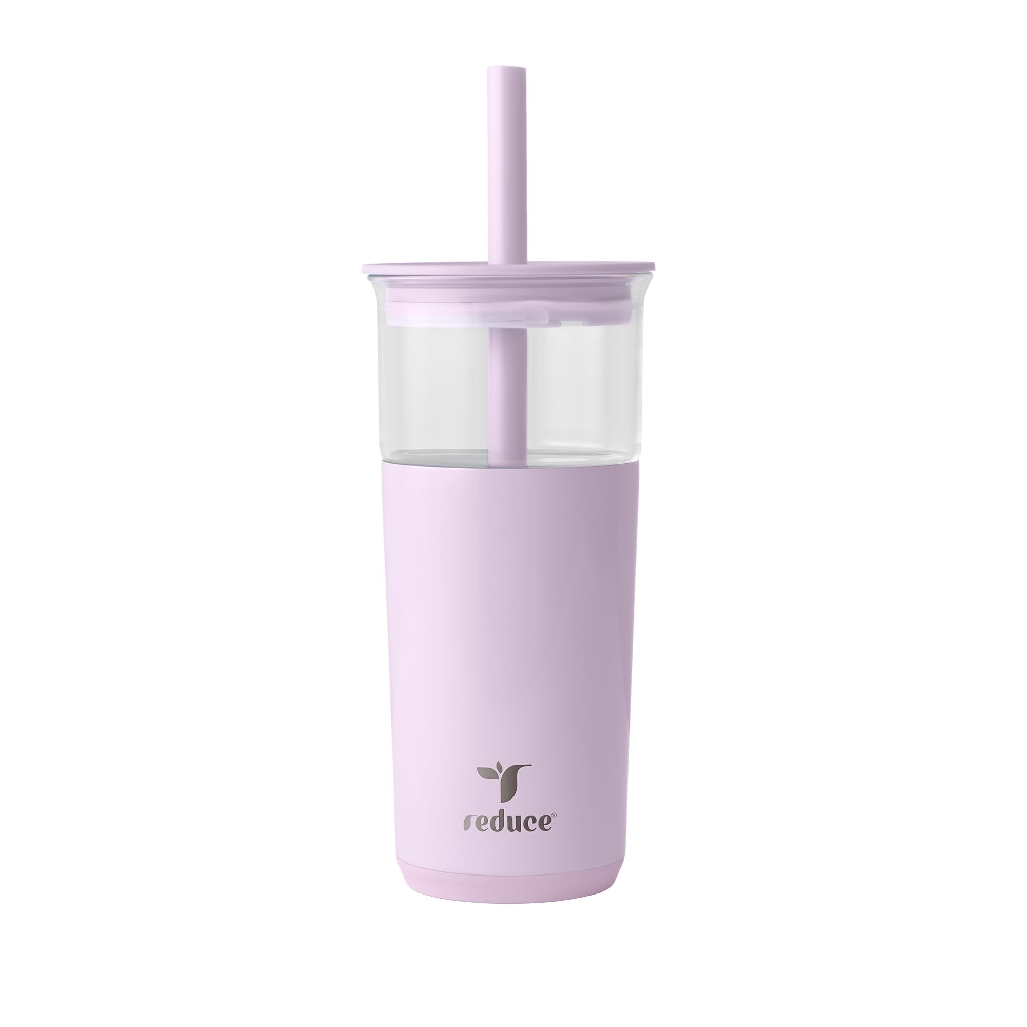 REDUCE Aspen 20oz glass tumbler with lid and straw in Lilac Bud for on-the-go hydration.