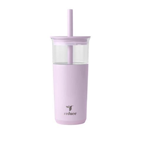 REDUCE Aspen 20oz glass tumbler with lid and straw in Lilac Bud for on-the-go hydration.