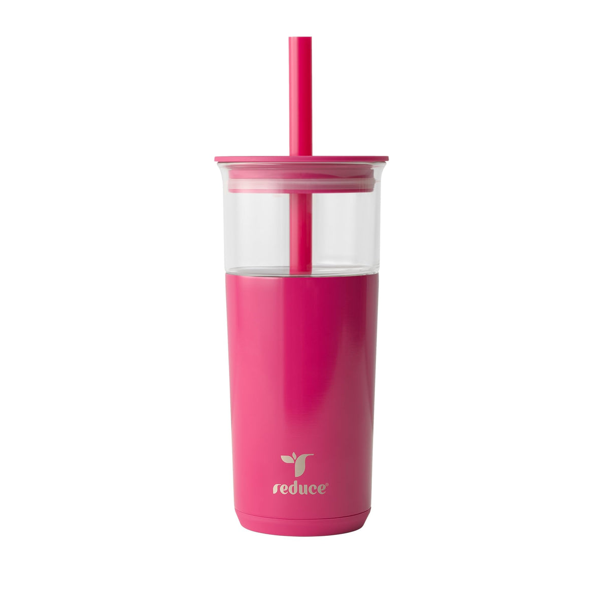 REDUCE Aspen dragonfruit glass tumbler with lid keeps drinks cold on the go.