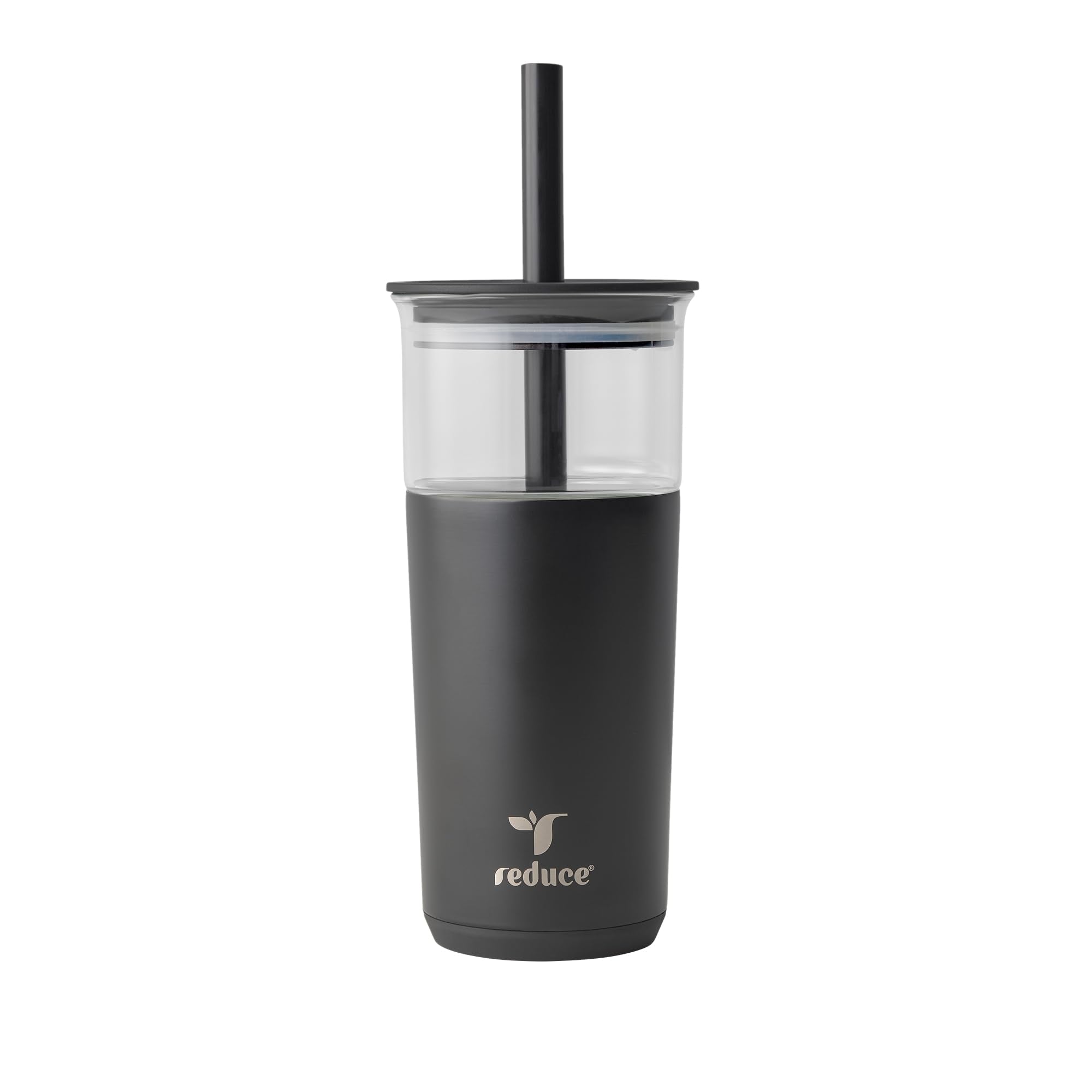 REDUCE Aspen glass tumbler with lid for all-day cold beverages.