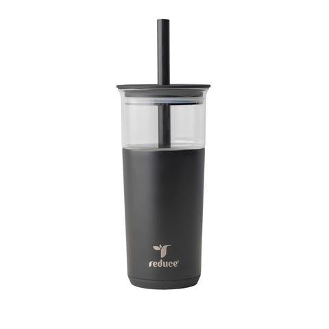 REDUCE Aspen glass tumbler with lid for all-day cold beverages.