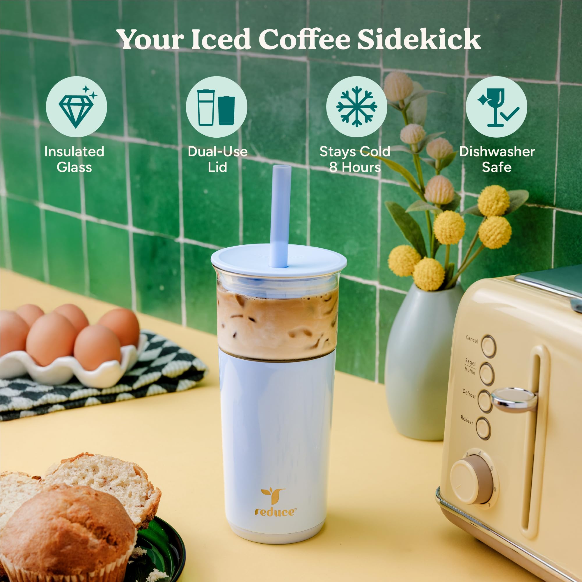 REDUCE Aspen insulated glass tumbler stays cold thanks to vacuum insulation.