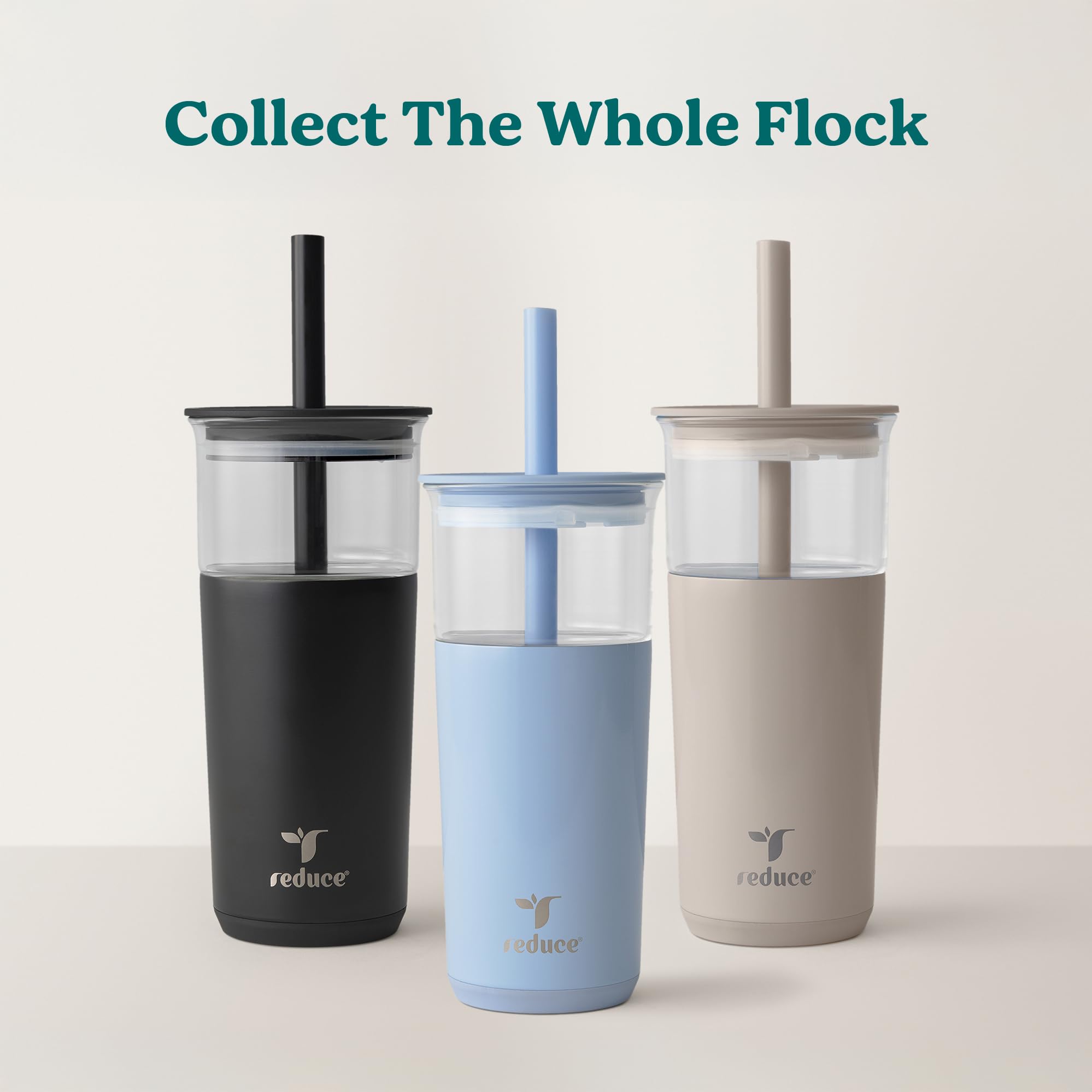REDUCE Aspen tumbler with lid fits both glass and insulated sleeve.