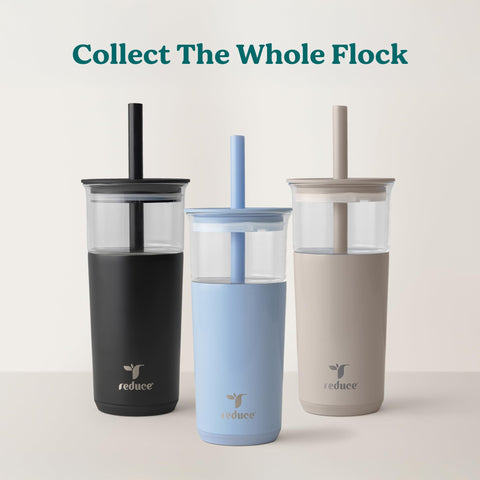 REDUCE Aspen tumbler with lid fits both glass and insulated sleeve.