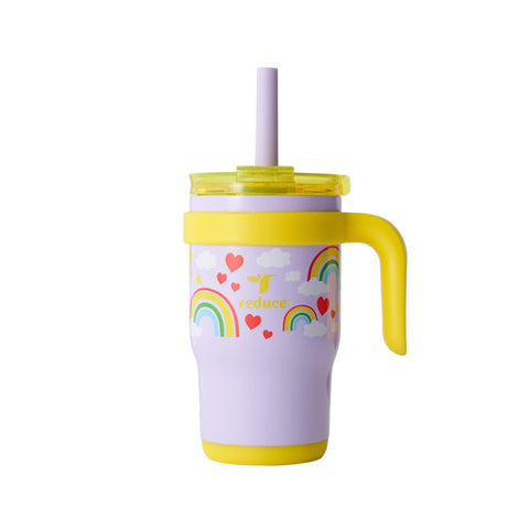 REDUCE Coldee kids tumbler with rainbow sky lid and straw for spill-free hydration on the go.