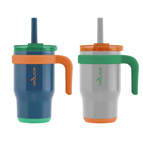 REDUCE Coldee kids tumbler with handle in grey front view, easy grip for little hands.