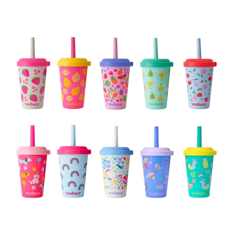 REDUCE GoGo kids tumbler with stackable 12oz design, lid, and straw for mess-free hydration