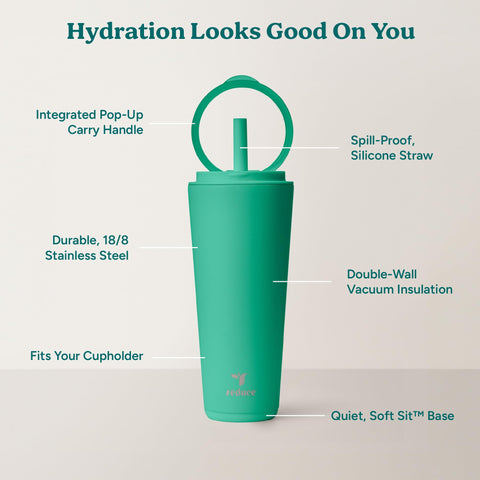 REDUCE Halo 32 oz fits most cupholders for travel convenience.